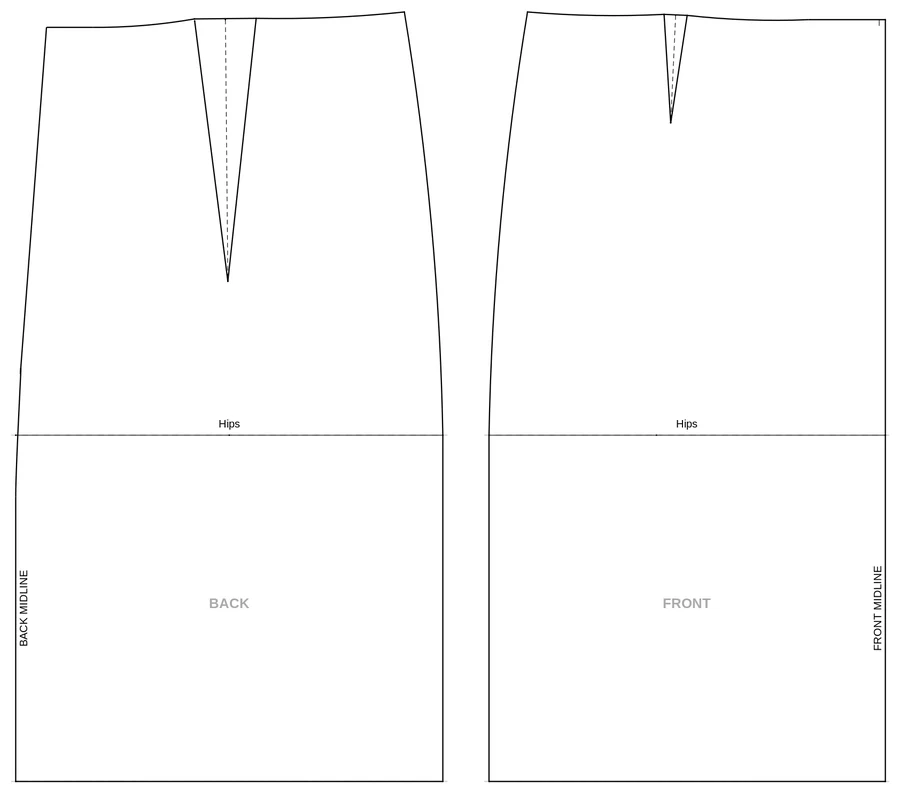 Sample skirt front and back pattern pieces, generated from measurements, with darts and grainlines marked